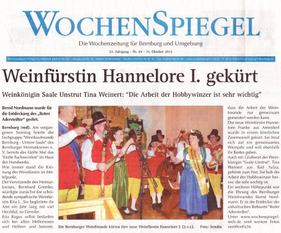 Pressebeitrag Wochenspiegel 'Weinfürstin Hannelore I. gekürt'